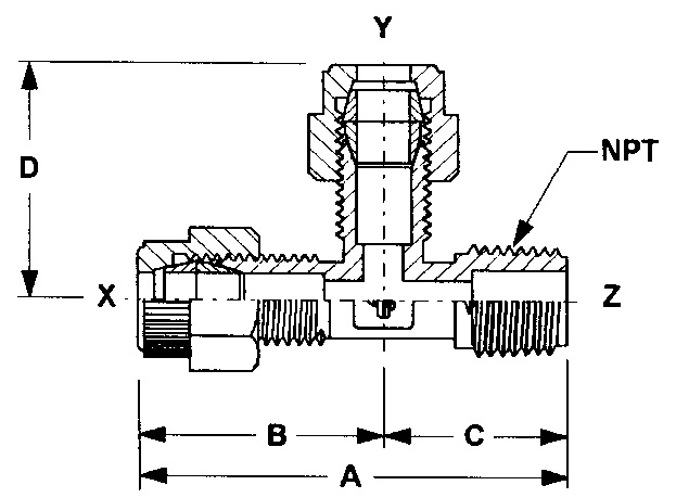 Male Run Tee, Male NPT Threads, O.D Tube Size (X) Inches (mm): 1/2 (12.70), (Y): 1/2 (12.70), Male NPT Size (Z) Inches (mm): 1/2 (12.70)